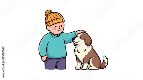 Friendly boy petting a happy dog in a cartoon illustration, representing companionship and affection