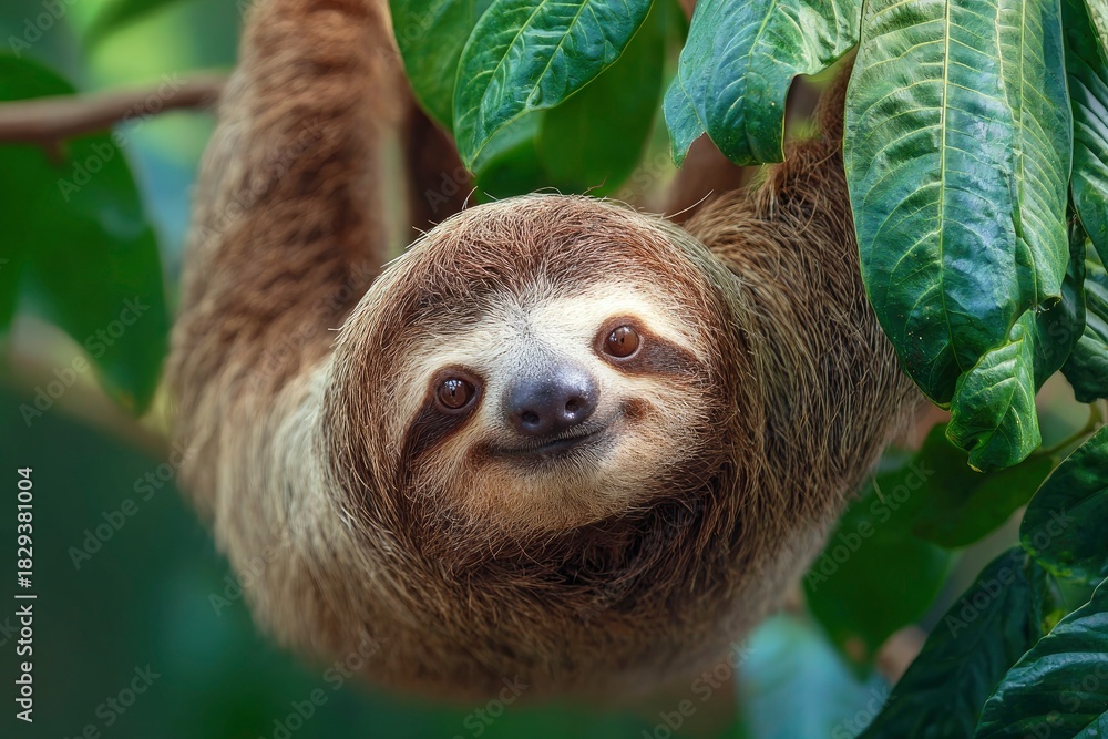 Fototapeta premium Cute Sloth Hanging from Tropical Leaves in Lush Green Background
