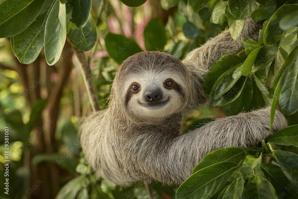 Fototapeta premium Charming Sloth Hanging in Lush Green Tropical Environment