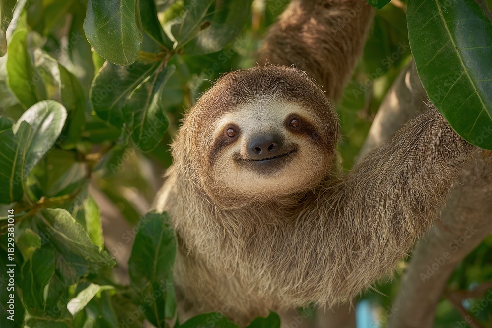 Fototapeta premium Happy sloth smiling in a lush green tree, nature's adorable creature