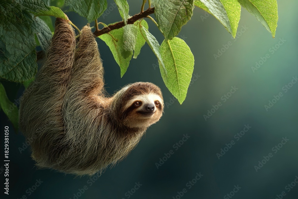Naklejka premium Peaceful Sloth Hanging from Tree Branch with Lush Green Background