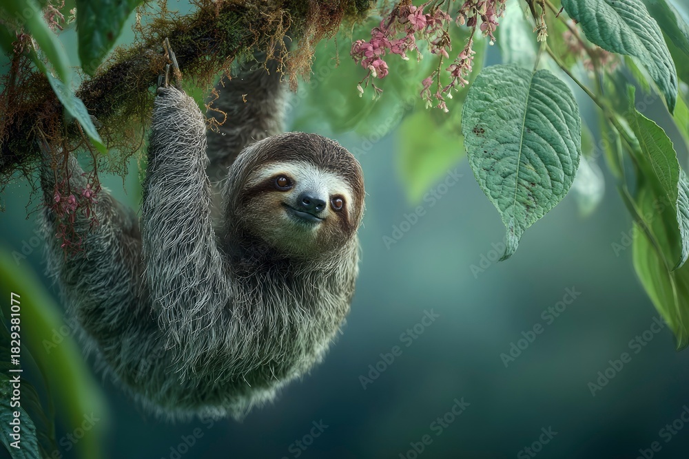 Fototapeta premium Adorable Sloth Hanging From Tree Branch Surrounded By Green Foliage