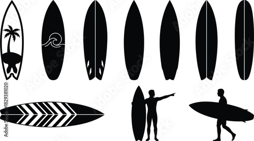 Black Silhouettes of Surfboards and Surfers in Various Poses and Designs for Beach, Water Sports, and Graphic Design Projects