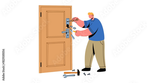 Door Lock Repair A Vector Illustration of a Person Fixing a Damaged Door Mechanism
