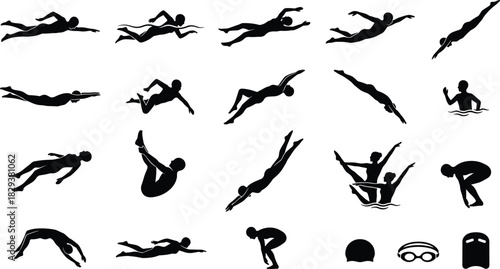 Black Silhouettes of Swimmers, Divers, and Aquatic Gear in Various Poses for Water Sports, Fitness, and Graphic Design Projects