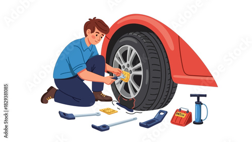 Man diligently changing flat tire on car, performing essential roadside vehicle maintenance and auto repair