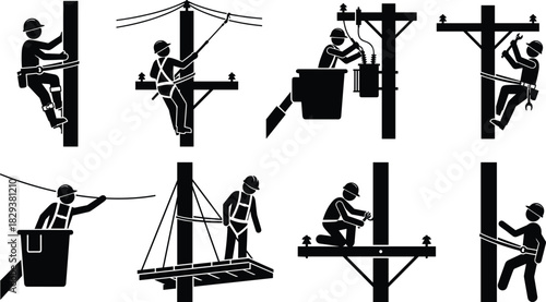 Black Silhouettes of Utility Workers Performing Electrical Tasks on Poles with Safety Gear for Industry, Labor, and Graphic Design Projects