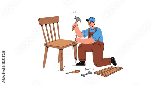Furniture Repair A Skilled Craftsman Assembling a Wooden Chair with Tools and Precision