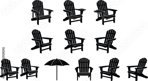 Black Silhouettes of Adirondack Chairs and Patio Umbrella in Various Styles for Outdoor Furniture, Garden Decor, and Design Projects