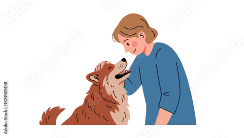 Happy Woman Petting Cute Dog Affection and Companionship Vector Illustration