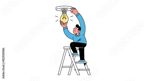 Man on a Ladder Changing a Light Bulb - Concept of Innovation and Problem Solving