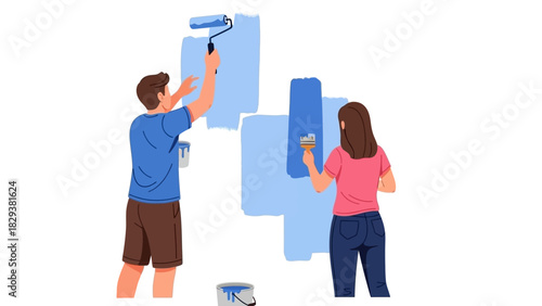 Couple Painting a Wall Home Improvement and DIY Project with Roller and Brush