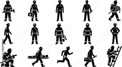 Silhouette icons of emergency workers including firefighters, paramedics, police, and construction personnel performing public safety and rescue operations