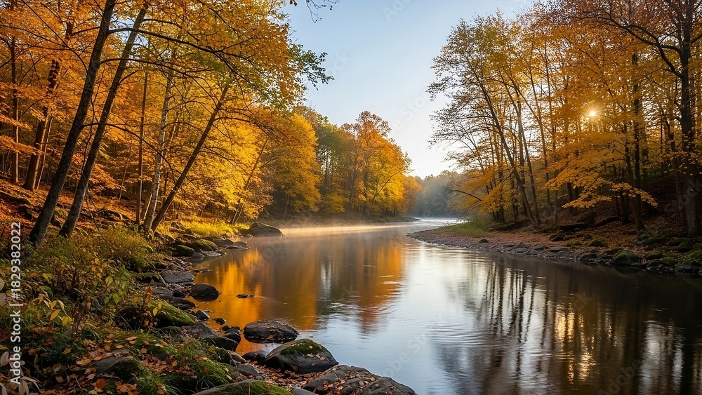 Fototapeta premium Beautiful colorful autumn forest landscape reflection with yellow trees, blue sky, and clouds over the calm lake water