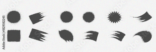 Noise grain geomatrics shape spray, texture grainy dot brushes with smooth, gradient shading effects. black particle dispersion brushes as dense grainy clusters, scattered specks, grungy pattern.