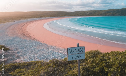 Coastal paradise scene.  Pink sand beach curves into turquoise ocean.  Sign reads "Paradise Cove".  Elevated viewpoint.  Sunrise or sunset light