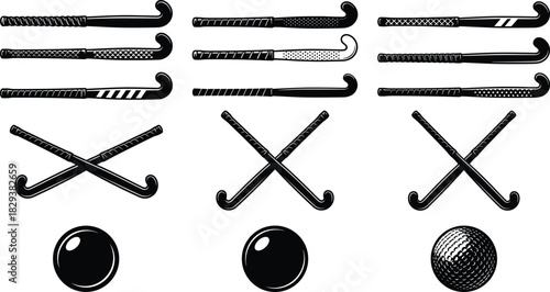 Black Silhouettes of Field Hockey Sticks and Balls with Varied Grip Patterns for Sports, Equipment, and Graphic Design Projects