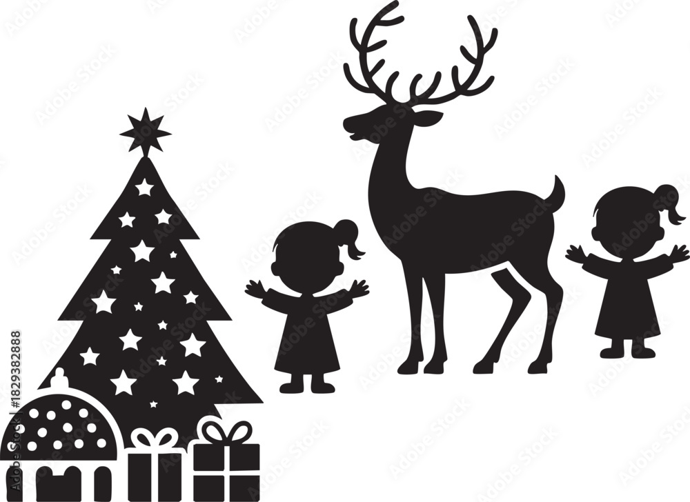 Fototapeta premium Christmas Kids and Reindeer SilhouetteFestive Holiday Silhouette with Children, Tree, and ReindeerBlack and White Christmas Icon Set: Tree, Reindeer, and Kids