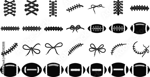 Black Silhouettes of Footballs and Lace Patterns Featuring Crisscross, Bow, and Stitch Designs for Sports Branding and Graphic Projects