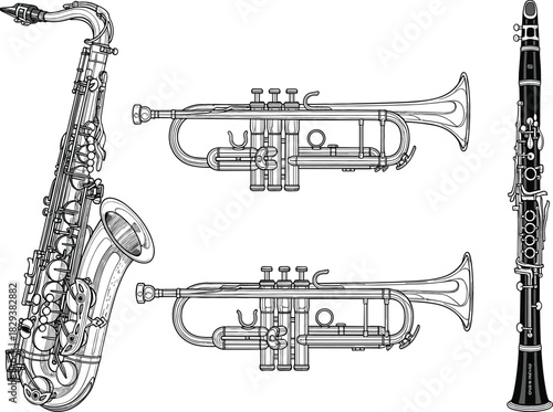 Detailed Brass & Woodwind Realistic Black & White Vector Line Art Set (Saxophone, Trumpet, Clarinet)