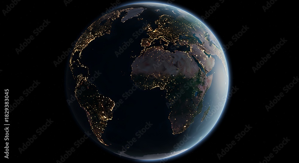 Fototapeta premium Orbital view of planet Earth at night, showcasing city lights on a dark backdrop