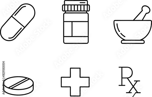  Essential Pharmacy Outlines Ultra-Minimalist Thin Line Art Icons (Pills, Bottles, Rx)