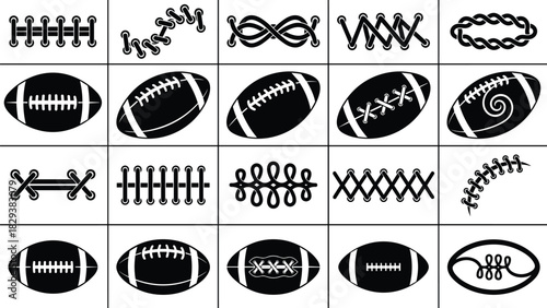 Black Silhouettes of Footballs with Decorative Lace and Stitch Patterns in Various Styles for Sports Design and Branding Projects