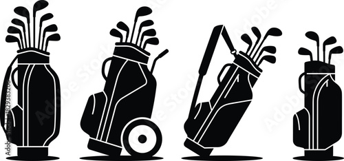 Black Silhouettes of Golf Bags with Clubs Featuring Stand, Wheeled, Shoulder Strap, and Compact Designs for Sports and Equipment Projects