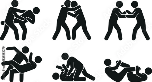 Black Silhouettes of Grappling and Wrestling Poses Between Two Fighters for Martial Arts, Combat Sports, and Graphic Design Projects