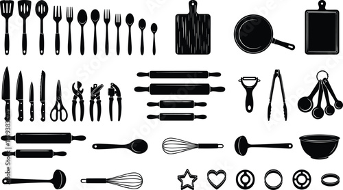 Black Silhouettes of Kitchen Utensils and Tools for Cooking, Baking, Food Preparation, Culinary Design, and Restaurant-Themed Graphic Projects
