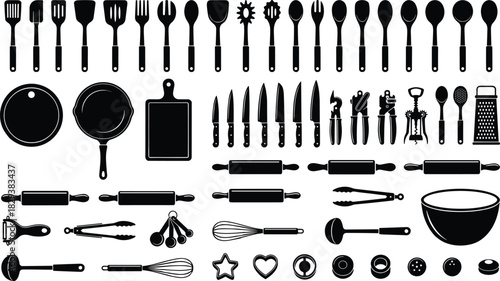Black Silhouettes of Kitchen Utensils and Tools Including Knives, Cutters, Spoons, Pans, and Baking Items for Culinary Design Projects