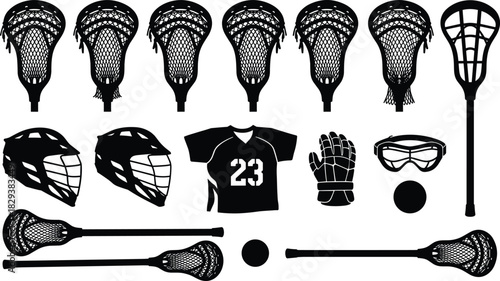 Black Silhouettes of Lacrosse Equipment Including Sticks, Helmets, Gloves, and Ball for Sports Gear, Safety, and Design Projects