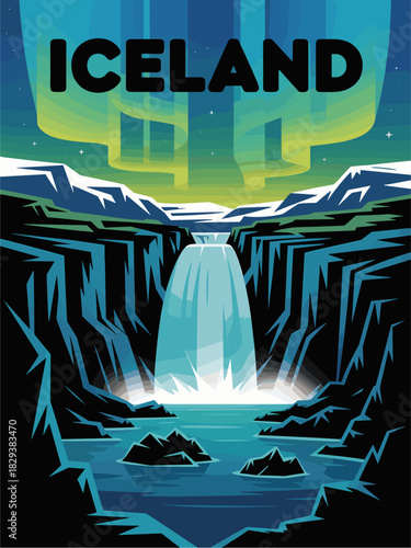 Stylized Iceland travel poster in flat vector style featuring glacier, waterfall, basalt cliffs, icebergs, and Northern Lights. Bold “ICELAND” text with retro color palette