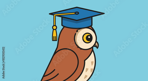 Wise brown cartoon owl wearing a blue graduation cap.