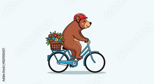 Whimsical cartoon illustration of a brown bear riding a bicycle with a basket of flowers.
