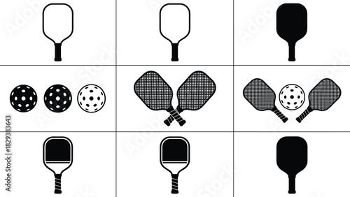 Black Silhouettes of Pickleball Paddles and Balls in Various Styles and Combinations for Sports Equipment and Graphic Design Projects