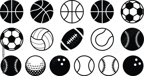 Black Silhouettes of Sports Balls Including Basketball, Soccer, Baseball, Tennis, Golf, and Bowling for Athletic Icons and Design Projects