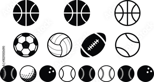 Black Silhouettes of Sports Balls Including Basketball, Soccer, Baseball, Tennis, Golf, and Bowling for Athletic Icons and Design Projects