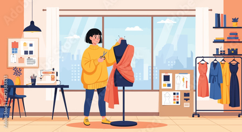 Young female fashion designer carefully pinning orange fabric on a mannequin.