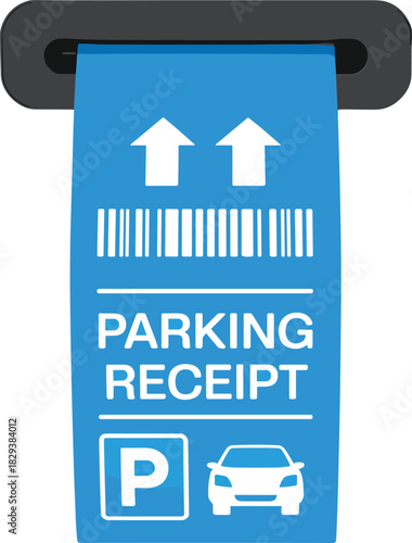 Blue parking receipt with car and P symbol coming out of slot ticket white