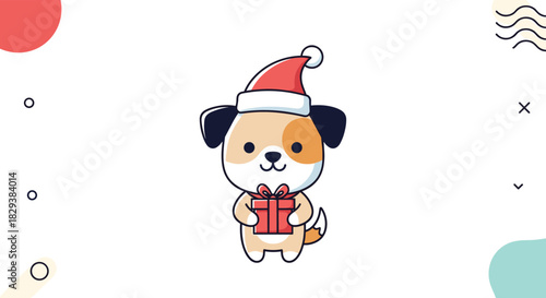 Cute cartoon dog wearing a Santa hat and holding a red gift box, perfect for Christmas themes.