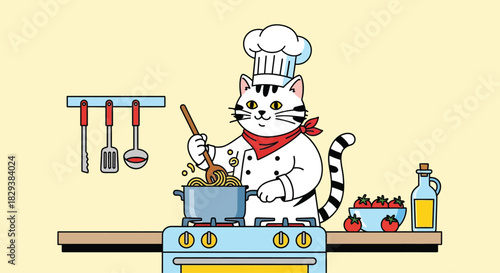 A charming cartoon tabby cat dressed as a professional chef cooking in a kitchen.