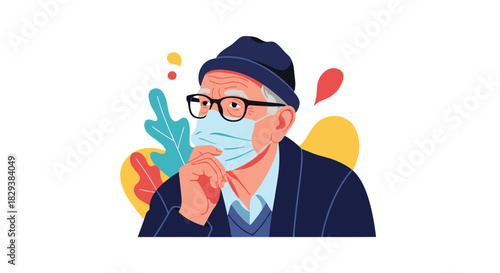 Elderly man wearing a face mask and glasses, contemplating amidst abstract colorful shapes.