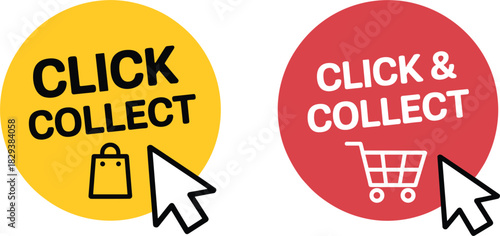 Click And Collect Icons With Shopping Bag And Cart vector illustration