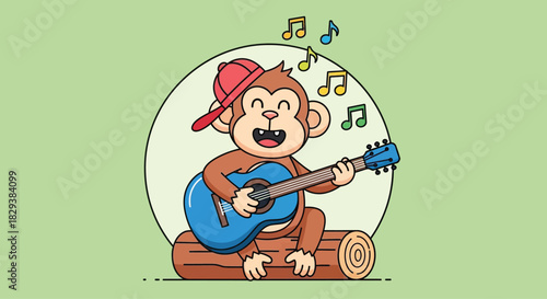 A cheerful cartoon monkey wearing a red cap plays a blue guitar while singing.