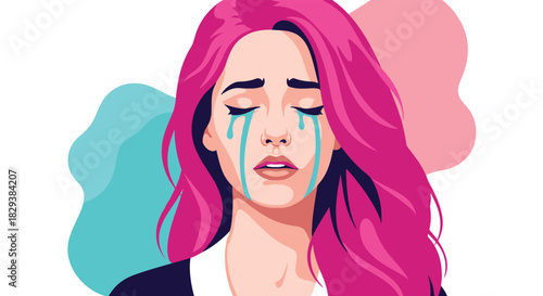 Stylized illustration of a woman with bright pink hair crying turquoise tears against a white background with abstract shapes.