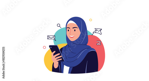 Young woman wearing a hijab using her smartphone with communication icons around her.