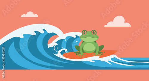 A cute green cartoon frog character sitting on an orange surfboard.