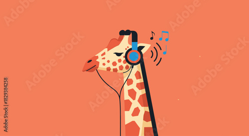 A cool cartoon giraffe listening to music on blue headphones.
