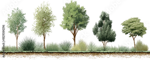 Five diverse trees and various green grasses with visible soil cross section vector